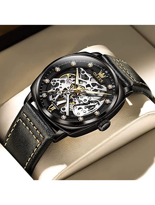 OLEVS Automatic Men Watch Skeleton Self Winding Mechanics Luxury Stylish Leather Strap Steampunk Style Luminous Water Proof Wrist Watch