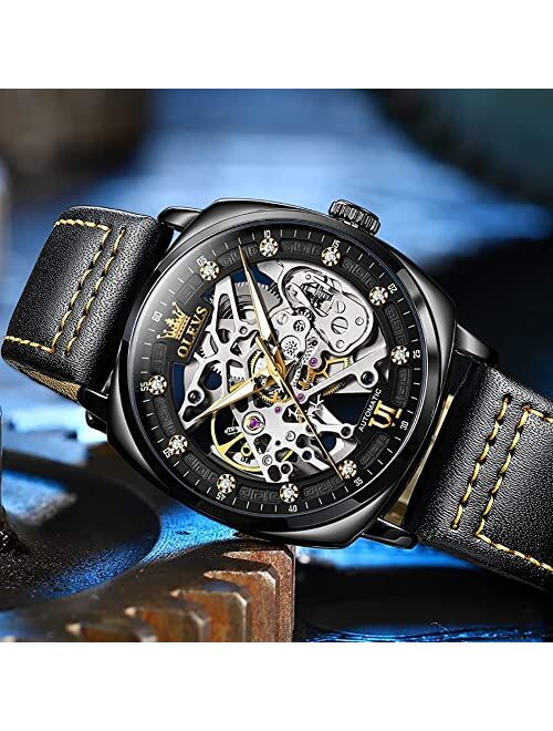 OLEVS Automatic Men Watch Skeleton Self Winding Mechanics Luxury Stylish Leather Strap Steampunk Style Luminous Water Proof Wrist Watch