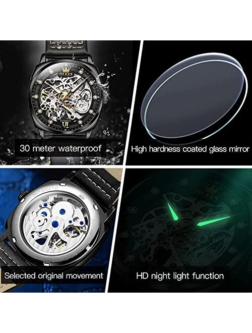 OLEVS Automatic Men Watch Skeleton Self Winding Mechanics Luxury Stylish Leather Strap Steampunk Style Luminous Water Proof Wrist Watch