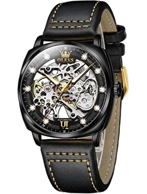 OLEVS Skeleton Square Design Watches for Mens Luxury Automatic Mechanical Watch Leather Strap Waterproof Luminous Wrist Watch