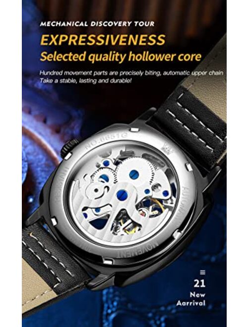 OLEVS Skeleton Square Design Watches for Mens Luxury Automatic Mechanical Watch Leather Strap Waterproof Luminous Wrist Watch