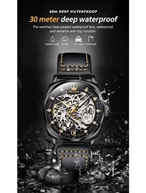 OLEVS Skeleton Square Design Watches for Mens Luxury Automatic Mechanical Watch Leather Strap Waterproof Luminous Wrist Watch