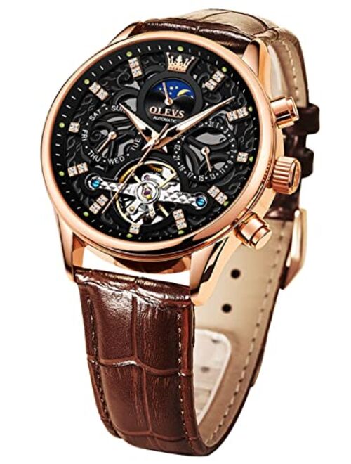 OLEVS Men Skeleton Watch Automatic Luxury Mechanical Wrist Watches Leather Strap Dress Casual Moon Phase Luminous Waterproof