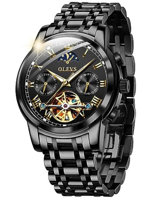 OLEVS Mens Automatic Watches Skeleton Mechanical Self Winding Luxury Fashion Dress Wrist Watch Moon Phase Day Date Luminous Waterproof