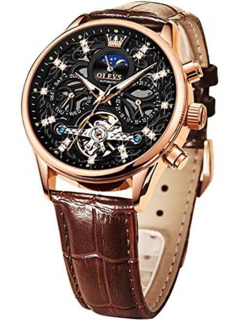 OLEVS Mens Automatic Watches Diamond Skeleton Casual Dress Wrist Watch Leather Strap Day Date Subdial Moon Phase Luminous Waterproof