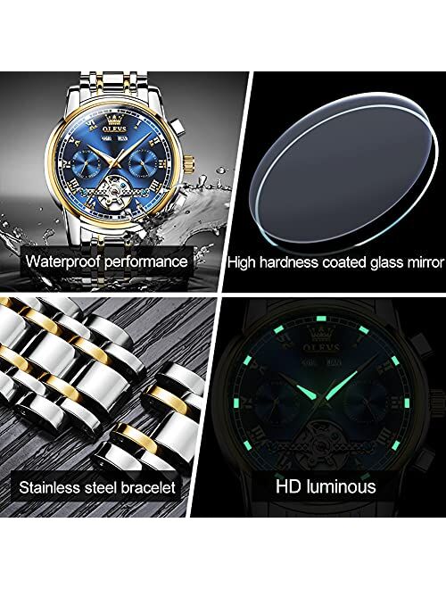 OLEVS Automatic Watch for Men Self Winding Tourbillon Luxury Dress Skeleton Mechanical Watches Waterproof Stainless Steel Wristwatch Men's Wrist Watch