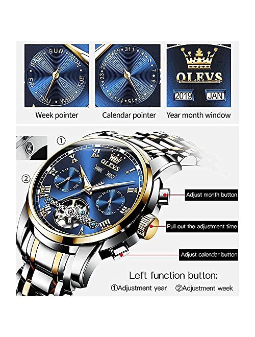 OLEVS Automatic Watch for Men Self Winding Tourbillon Luxury Dress Skeleton Mechanical Watches Waterproof Stainless Steel Wristwatch Men's Wrist Watch