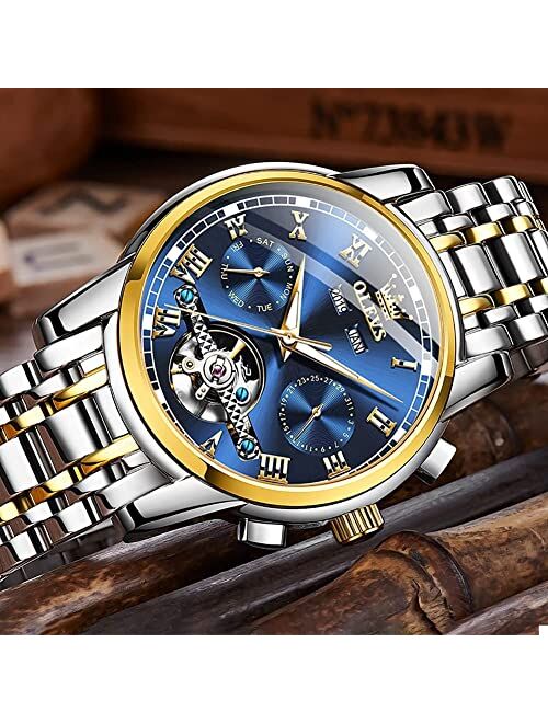 OLEVS Automatic Watch for Men Self Winding Tourbillon Luxury Dress Skeleton Mechanical Watches Waterproof Stainless Steel Wristwatch Men's Wrist Watch