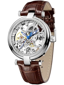 Carlien Skeleton Automatic Steampunk Watches Gold-Tone Luminous Hands Leather Strap Wrist-Watch