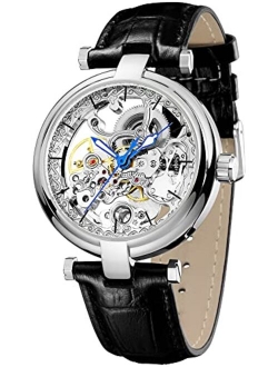 Carlien Skeleton Automatic Steampunk Watches Gold-Tone Luminous Hands Leather Strap Wrist-Watch