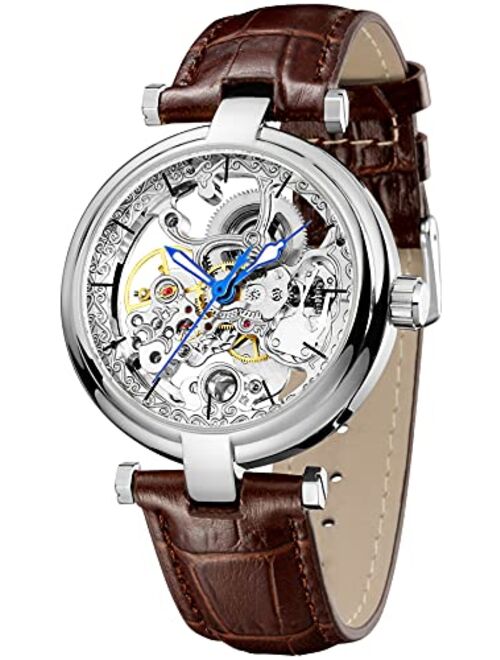 Carlien Skeleton Automatic Steampunk Watches Gold-Tone Luminous Hands Leather Strap Wrist-Watch