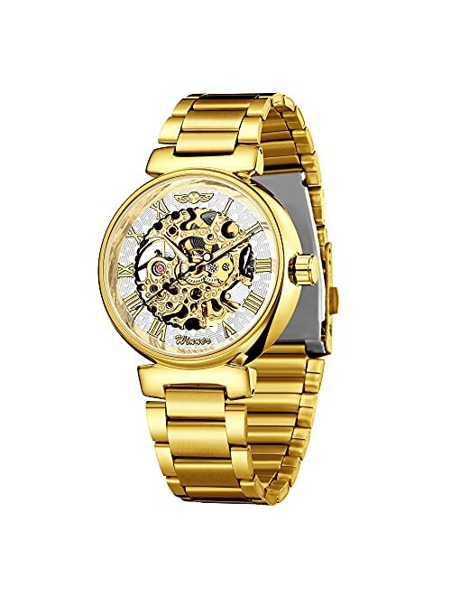 Carlien Skeleton Automatic Steampunk Watches Gold-Tone Luminous Hands Leather Strap Wrist-Watch