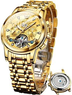 Mens Wrist Watches Gold Luxury Self Winding Mechanical Automatic Tourbillon Skeleton Diamond Business Dress Watch Gift