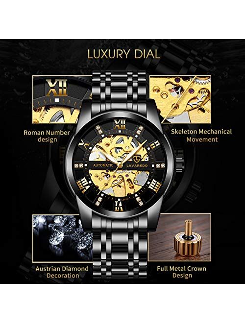 Ben Nevis Mens Watch Black Mechanical Stainless Steel Skeleton Waterproof Automatic Self-Winding Roman Numerals Diamond Dial Wrist Watch