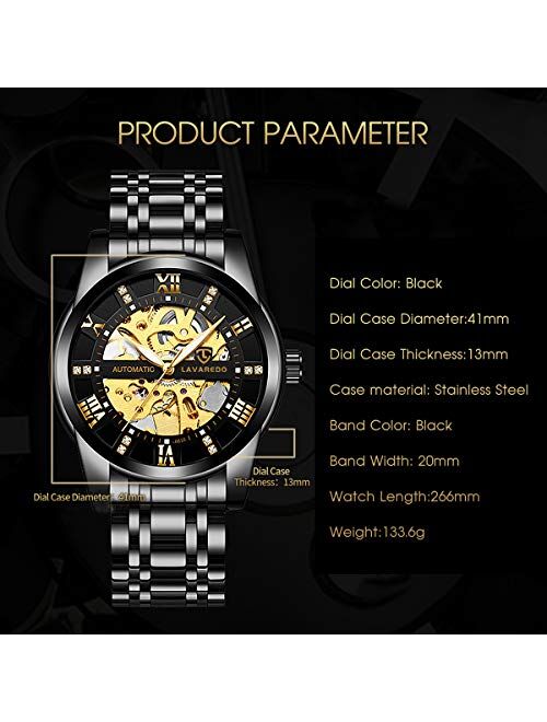 Ben Nevis Mens Watch Black Mechanical Stainless Steel Skeleton Waterproof Automatic Self-Winding Roman Numerals Diamond Dial Wrist Watch