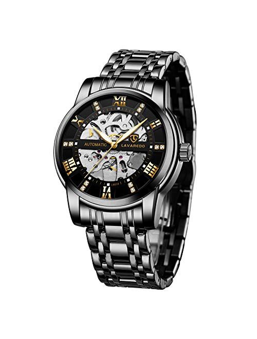 Ben Nevis Mens Watch Black Mechanical Stainless Steel Skeleton Waterproof Automatic Self-Winding Roman Numerals Diamond Dial Wrist Watch