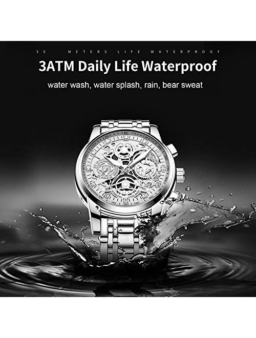 NEKTOM Mens Watches with Mechanical Appearance Stainless Steel and Metal Casual Waterproof Chronograph Quartz Watch Sports Watches for Men