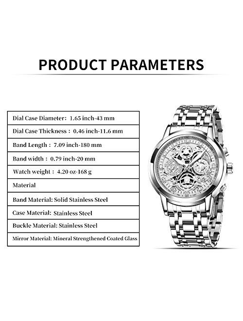 NEKTOM Mens Watches with Mechanical Appearance Stainless Steel and Metal Casual Waterproof Chronograph Quartz Watch Sports Watches for Men