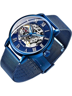 Bosni Men's Skeleton Watch Classic Roman Numeral Steampunk Mechanical Watch Hand-Wind Mens Watches (Blue)