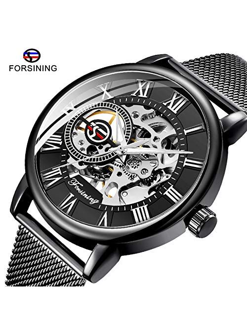 Bosni Men's Skeleton Watch Classic Roman Numeral Steampunk Mechanical Watch Hand-Wind Mens Watches (Blue)