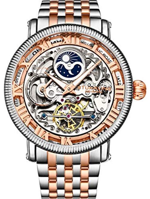 Stuhrling Stührling Original Mens Automatic Watch, Skeleton Watch Analog Dial, Silver Accents, Dual Time, AM/PM Sun Moon, Stainless Steel Bracelet, 3922 Watches for Men Collection