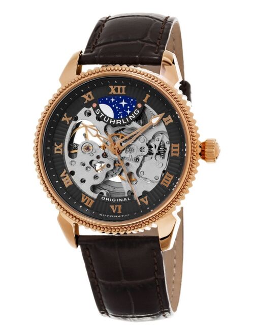 Stuhrling Original Men's Automatic Skeleton Watch, Rose Tone Case on Brown Alligator Embossed Genuine Leather Strap, Gray Skeletonized Dial, With Rose Tone, White, and Blue Accents