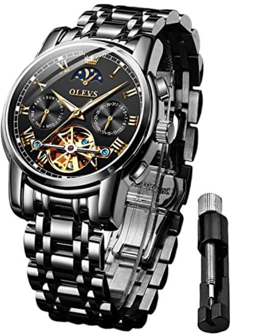 OLEVS Mens Automatic Watches Skeleton Mechanical Self Winding Luxury Dress Wrist Watch Moon Phase Day Date Waterproof Luminous Two Tone Watches Gifts