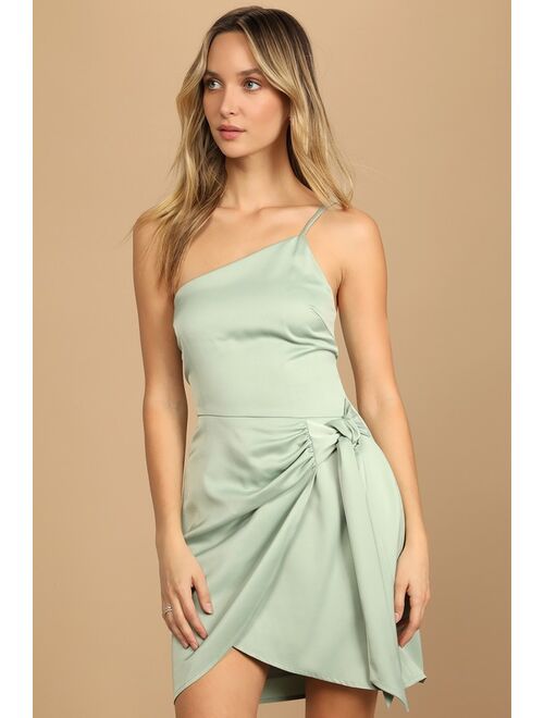 Lulus Meant to Be Together Sage Green Satin One-Shoulder Mini Dress