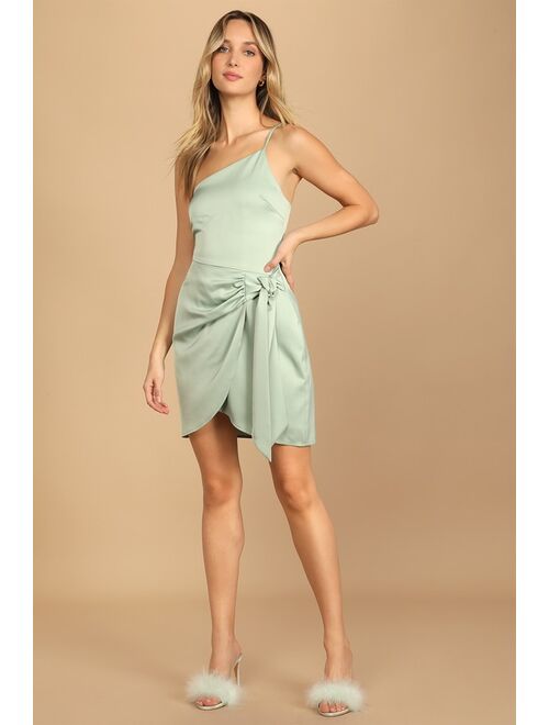 Lulus Meant to Be Together Sage Green Satin One-Shoulder Mini Dress