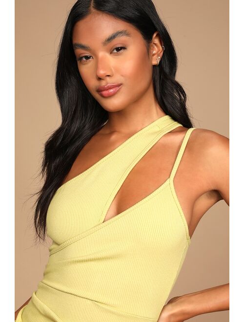 Lulus Just My Type Lime Green Ribbed Asymmetrical One-Shoulder Dress