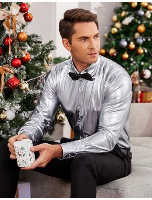 COOFANDY Men's Metallic Shiny Nightclub Slim Fit Long Sleeve Button Down Disco Party Shirts