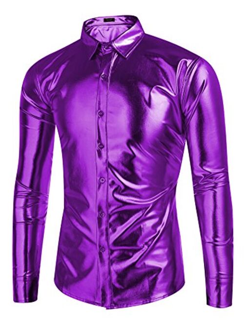 COOFANDY Men's Metallic Shiny Nightclub Slim Fit Long Sleeve Button Down Disco Party Shirts