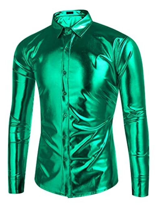 COOFANDY Men's Metallic Shiny Nightclub Slim Fit Long Sleeve Button Down Disco Party Shirts