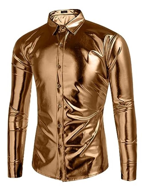 COOFANDY Men's Metallic Shiny Nightclub Slim Fit Long Sleeve Button Down Disco Party Shirts