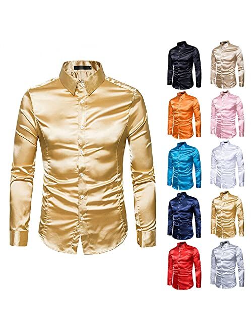 Buy JSPOYOU Men's Shiny Satin Dress Shirts Slim Fit Long Sleeve Button ...