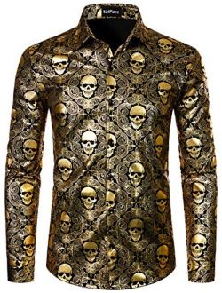 VATPAVE Mens Luxury Design Skull Dress Shirts Regular Fit Button Down Paisly Shirts Long Sleeve Prom Shirts