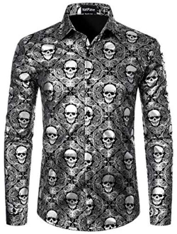 VATPAVE Mens Luxury Design Skull Dress Shirts Regular Fit Button Down Paisly Shirts Long Sleeve Prom Shirts