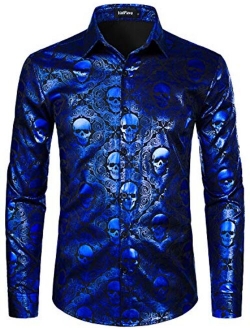 VATPAVE Mens Luxury Design Skull Dress Shirts Regular Fit Button Down Paisly Shirts Long Sleeve Prom Shirts