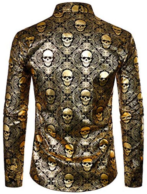 VATPAVE Mens Luxury Design Skull Dress Shirts Regular Fit Button Down Paisly Shirts Long Sleeve Prom Shirts