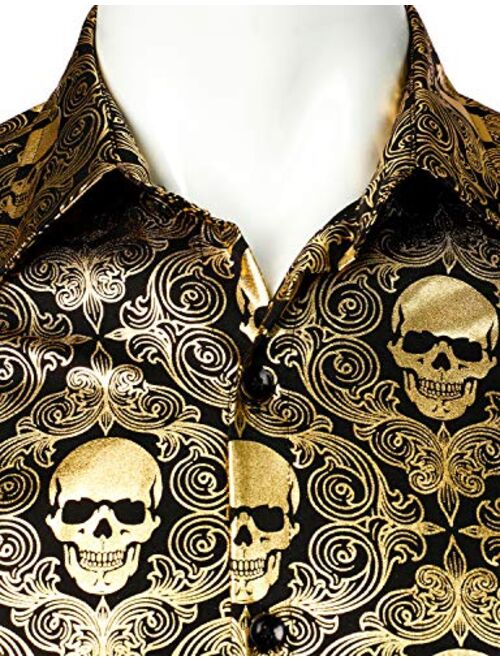 VATPAVE Mens Luxury Design Skull Dress Shirts Regular Fit Button Down Paisly Shirts Long Sleeve Prom Shirts