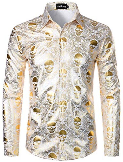 VATPAVE Mens Luxury Design Skull Dress Shirts Regular Fit Button Down Paisly Shirts Long Sleeve Prom Shirts