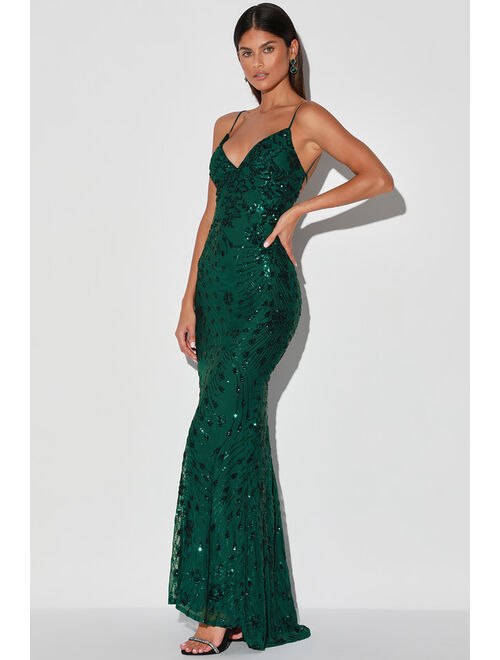 Lulus Photo Finish Forest Green Sequin Lace-Up Maxi Dress