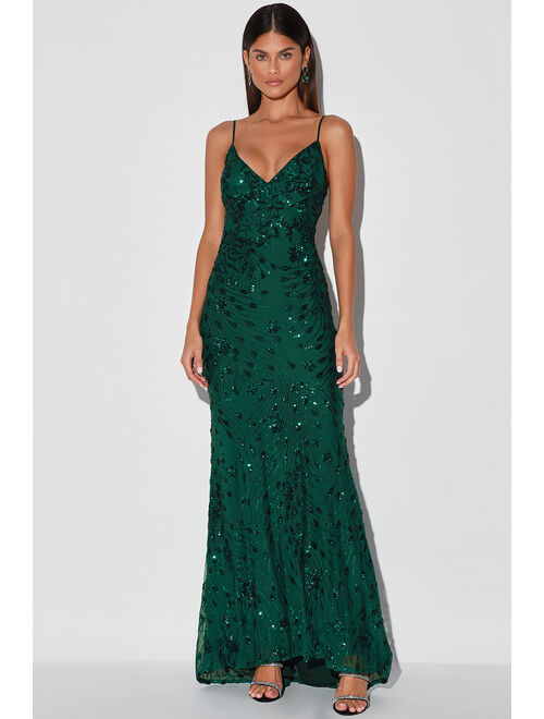 Lulus Photo Finish Forest Green Sequin Lace-Up Maxi Dress