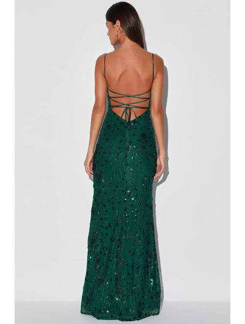 Lulus Photo Finish Forest Green Sequin Lace-Up Maxi Dress