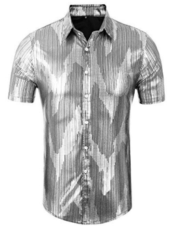 Daupanzees Mens Dress Shirt Short Sleeve Fashion Sequins Luxury Design 70s Disco Shirt Party Costume