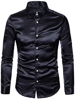 HENGAO Men's Shiny Satin Dance Prom Shirts