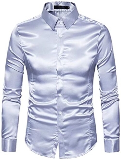 HENGAO Men's Shiny Satin Dance Prom Shirts