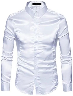 HENGAO Men's Shiny Satin Dance Prom Shirts