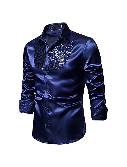 Esefgjk Men's Shiny Sequins Shirts,Lapel Long Sleeve Silk Like Satin Button Up Disco Party Dress Shirts