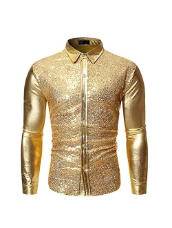 LEIYAN Mens Fashion Sequin Shiny Button Down Shirt Long Sleeve Slim Fit 70s Disco Nightclub Party Dress Shirts Tops